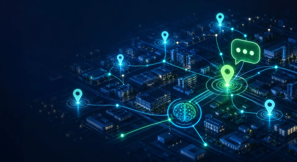 Rede regional ilustrada com empresas conectadas, inteligencia artificial e conversa comercial.